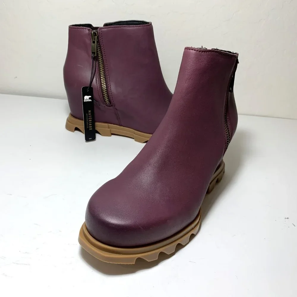Sorel Joan of Arctic Wedge III Zip Boots Leather Booties Ice Wine Size 9.5 NEW